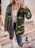 Brown leopard camouflage patchwork oversized shacket - brown / l / 100% cotton - jackets