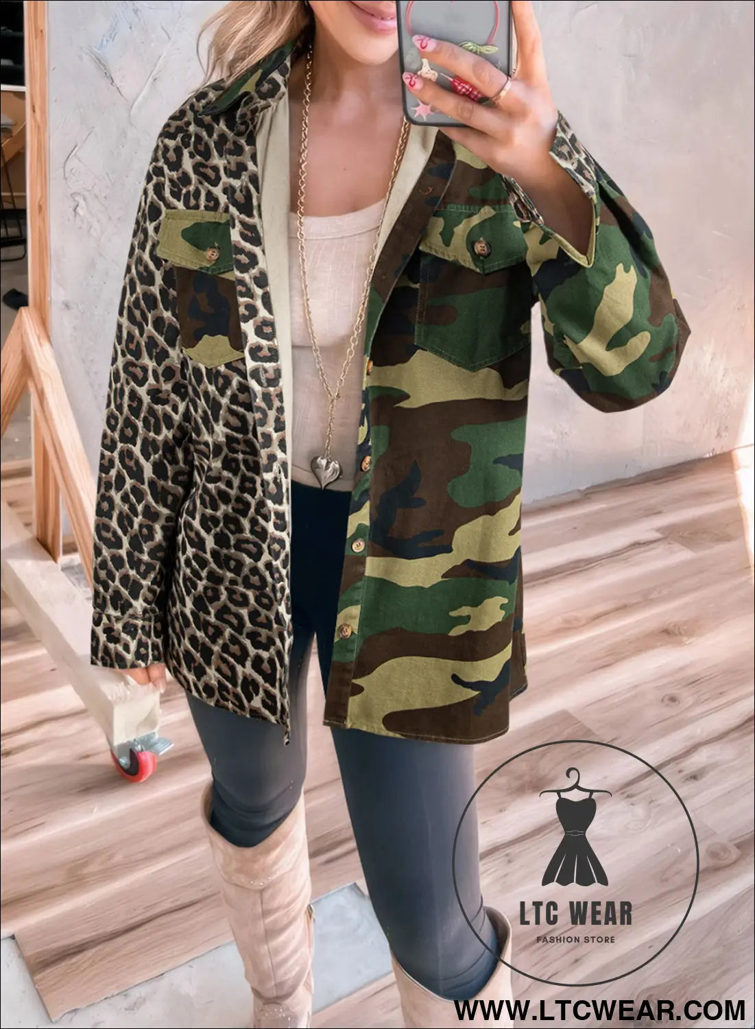 Brown leopard camouflage patchwork oversized shacket - brown / l / 100% cotton - jackets