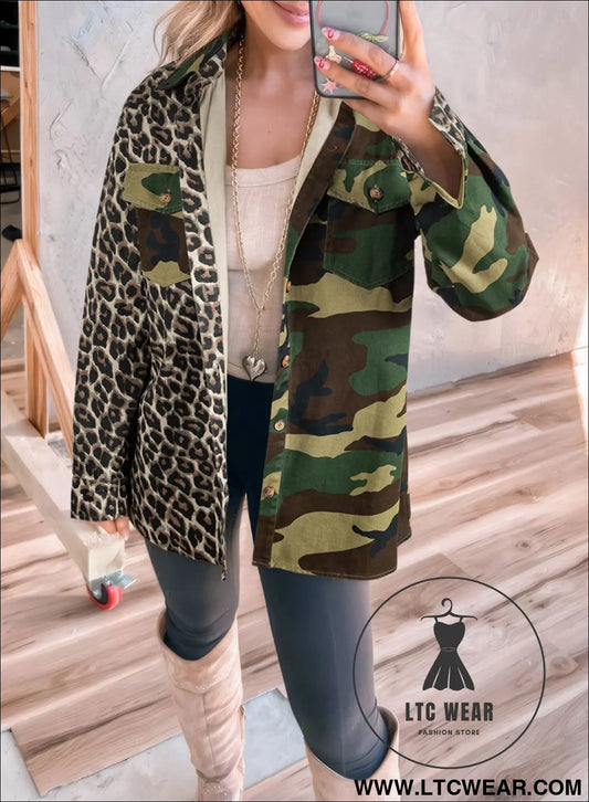 Brown leopard camouflage patchwork oversized shacket - brown / l / 100% cotton - jackets