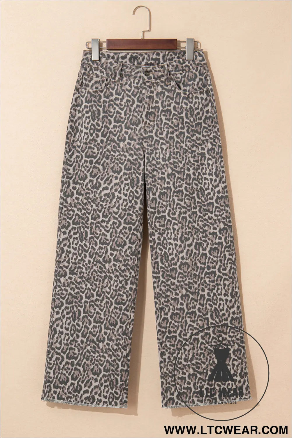 Brown leopard/ polka dot frayed edge wide leg high waist jeans - jeans