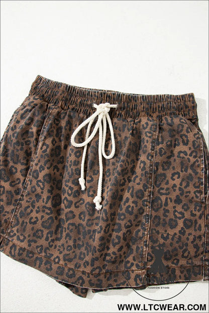 Brown leopard print elastic waist drawstring denim skort - denim shorts