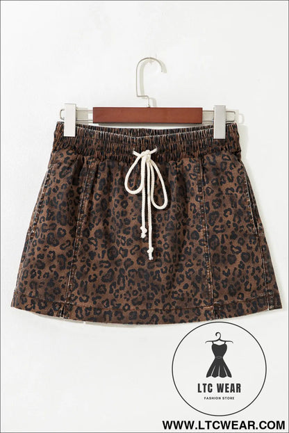 Brown leopard print elastic waist drawstring denim skort - denim shorts