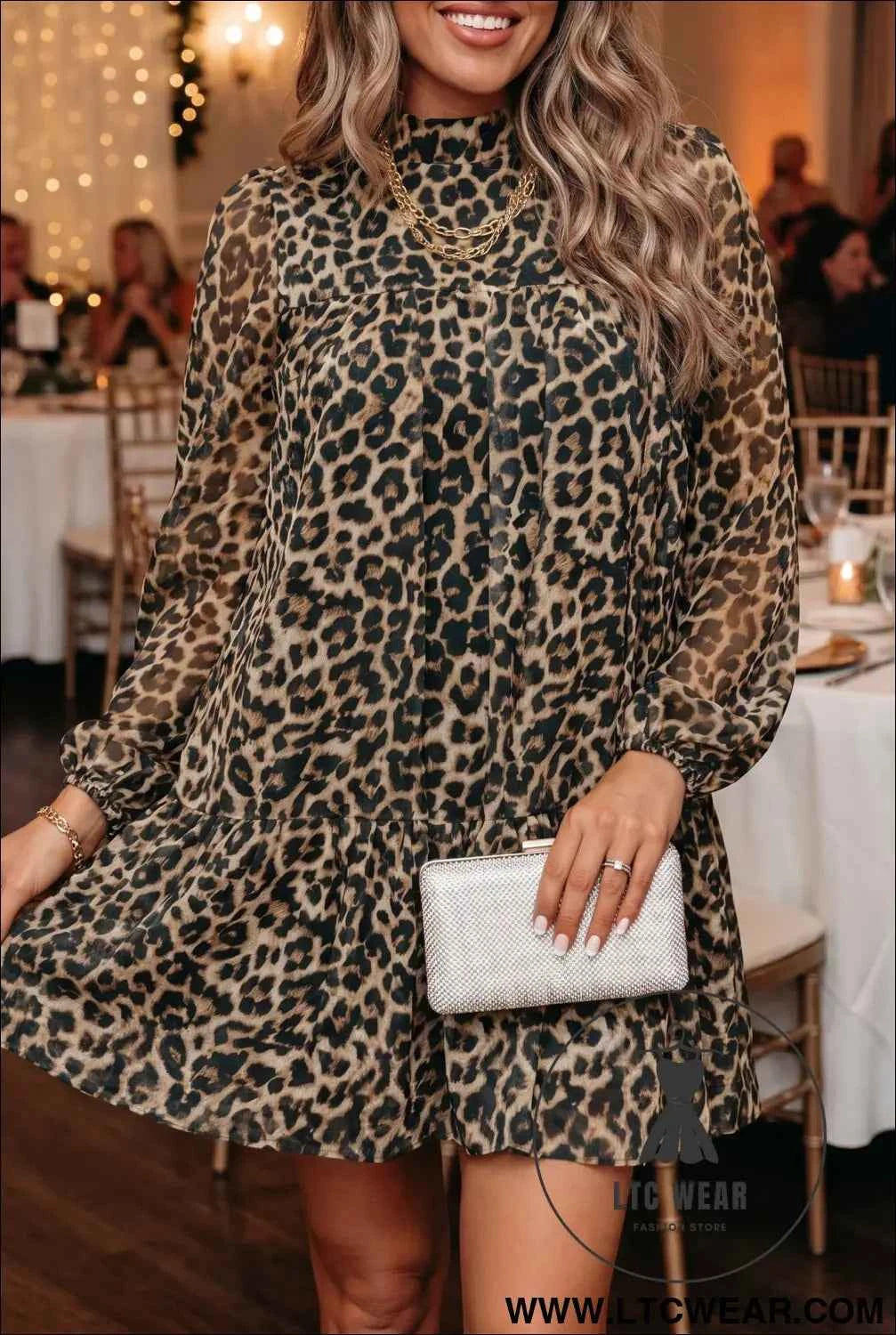 Brown Leopard Print Long Sleeve Short Shift Dress