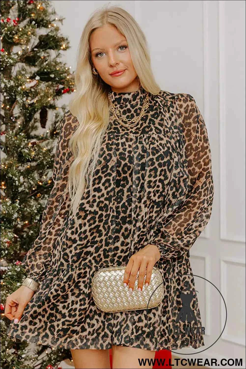 Brown Leopard Print Long Sleeve Short Shift Dress