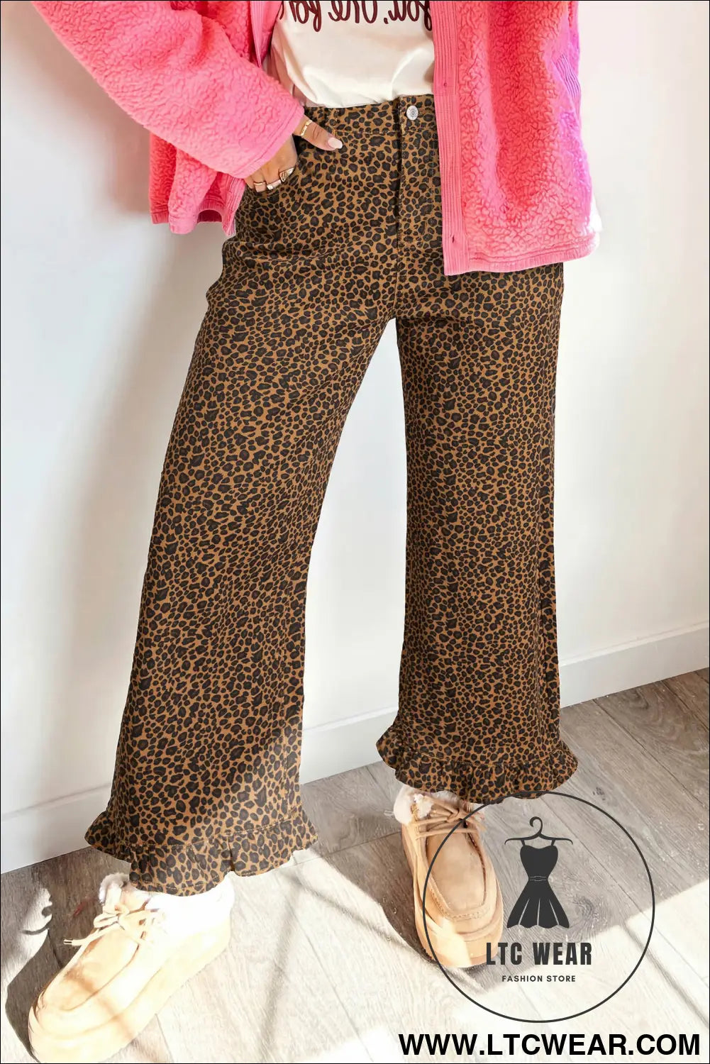 Brown leopard print ruffled hem shift jeans - brown / 10 / 98% cotton + 2% elastane - jeans