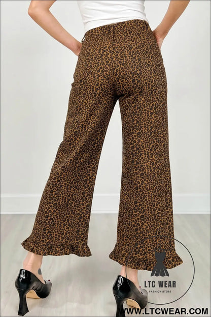 Brown leopard print ruffled hem shift jeans - jeans