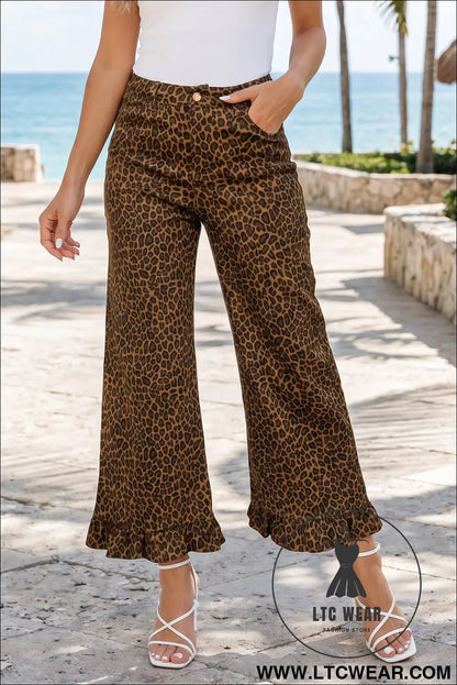 Brown leopard print ruffled hem shift jeans - jeans