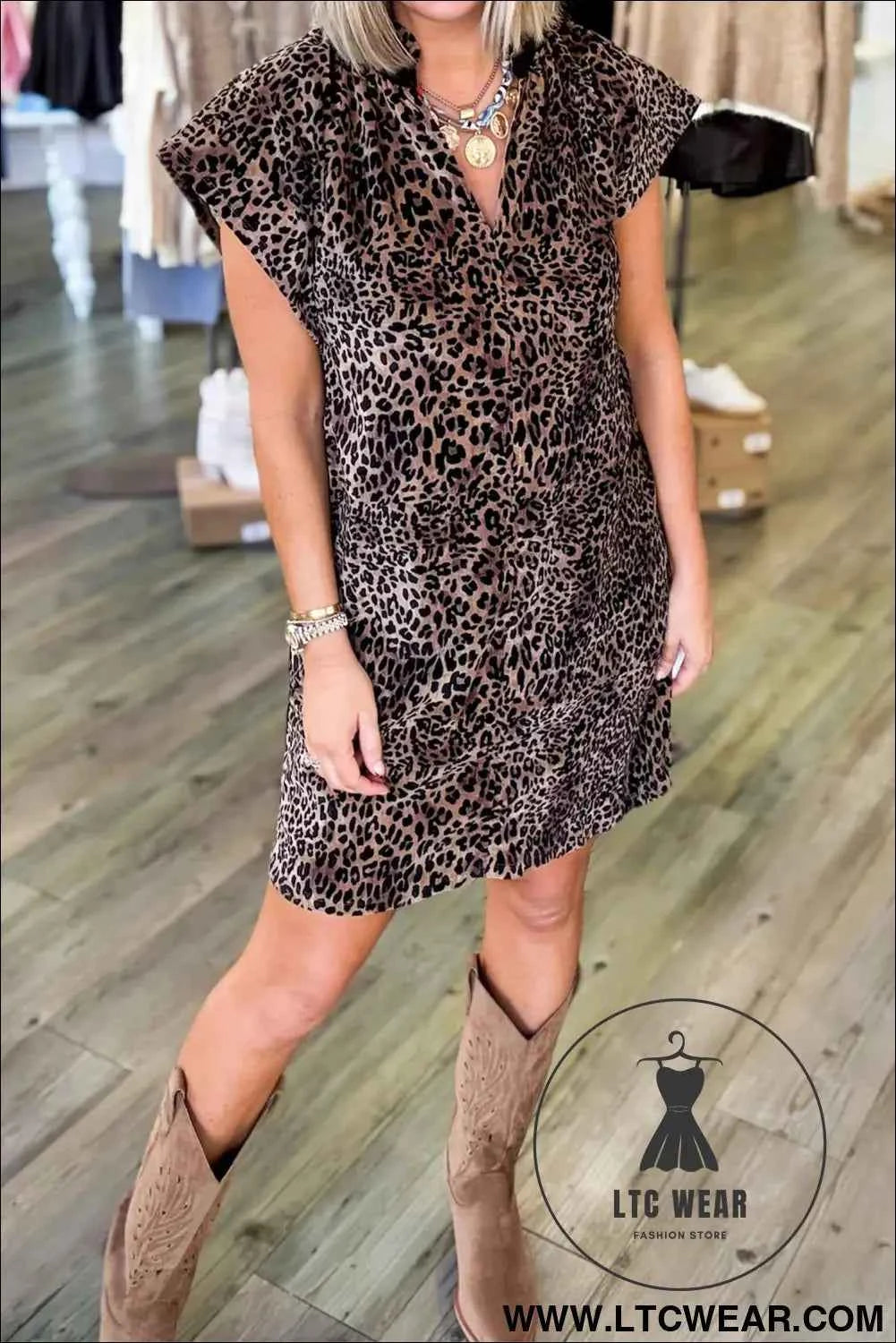 Brown Leopard Print Short Sleeve Mini Shift Silhouette Dress
