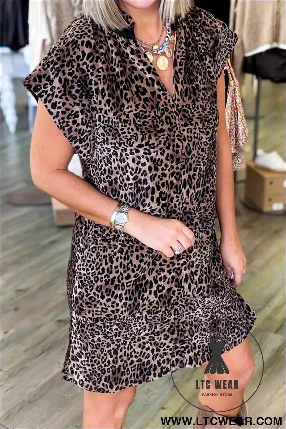 Brown Leopard Print Short Sleeve Mini Shift Silhouette Dress