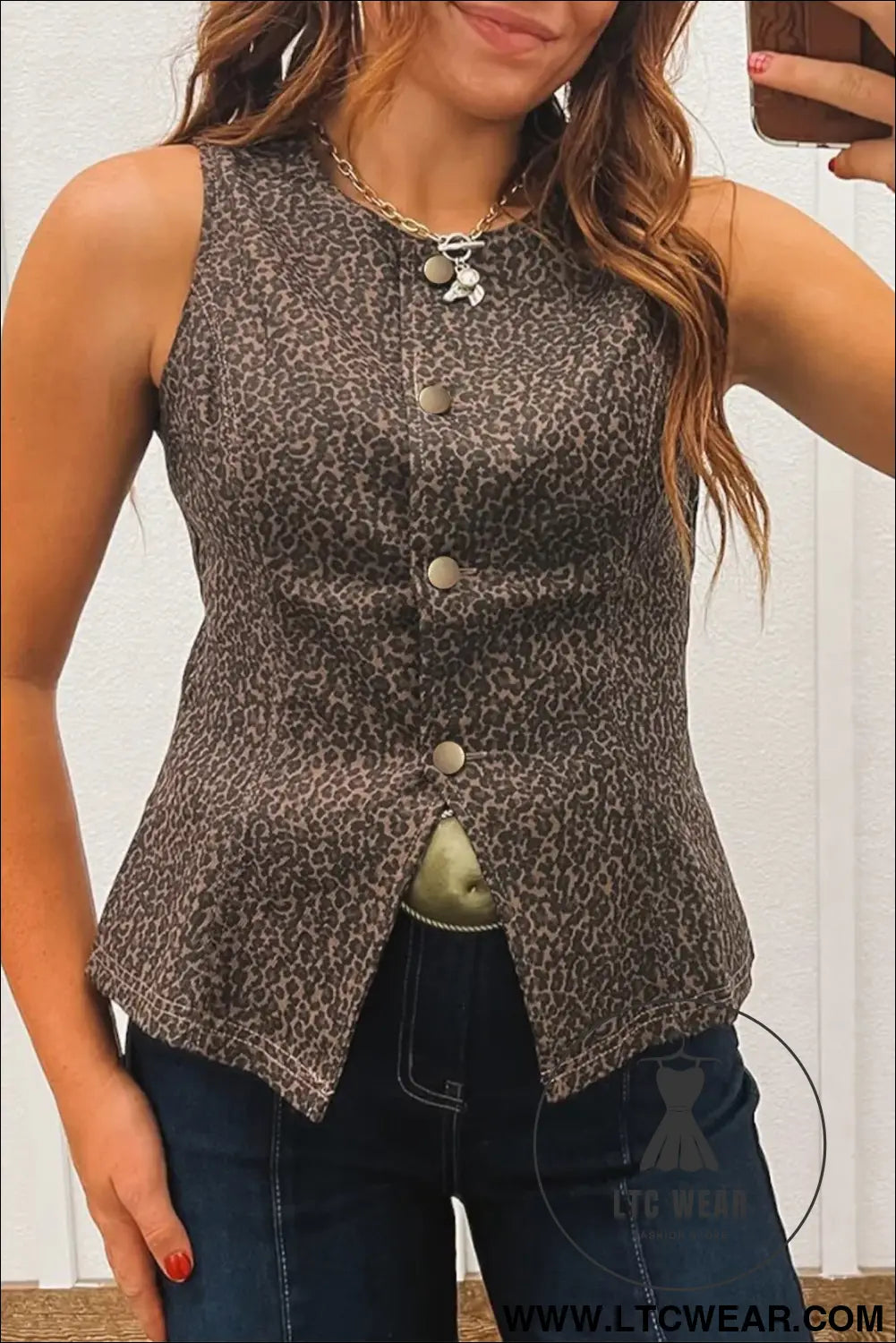 Brown leopard print slim denim vest - brown / l / 98% cotton + 2% elastane - vests