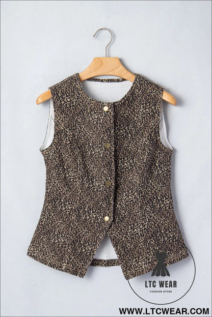 Brown leopard print slim denim vest - vests