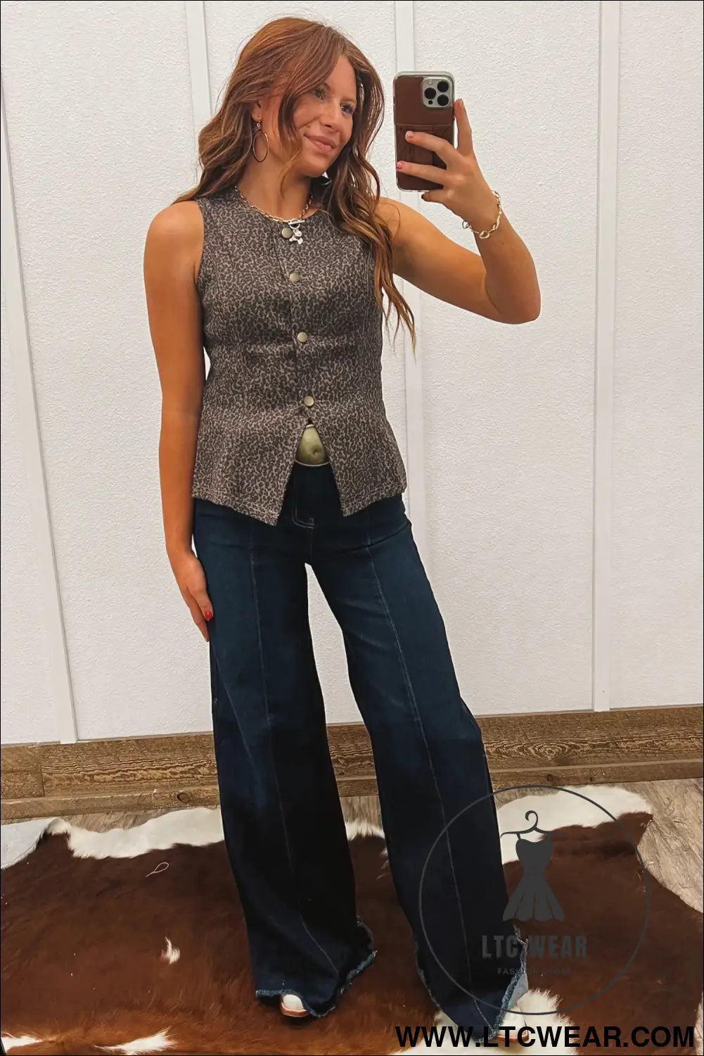 Brown leopard print slim denim vest - vests