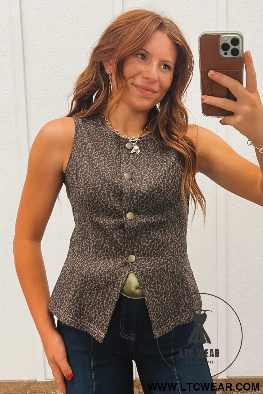 Brown leopard print slim denim vest - vests