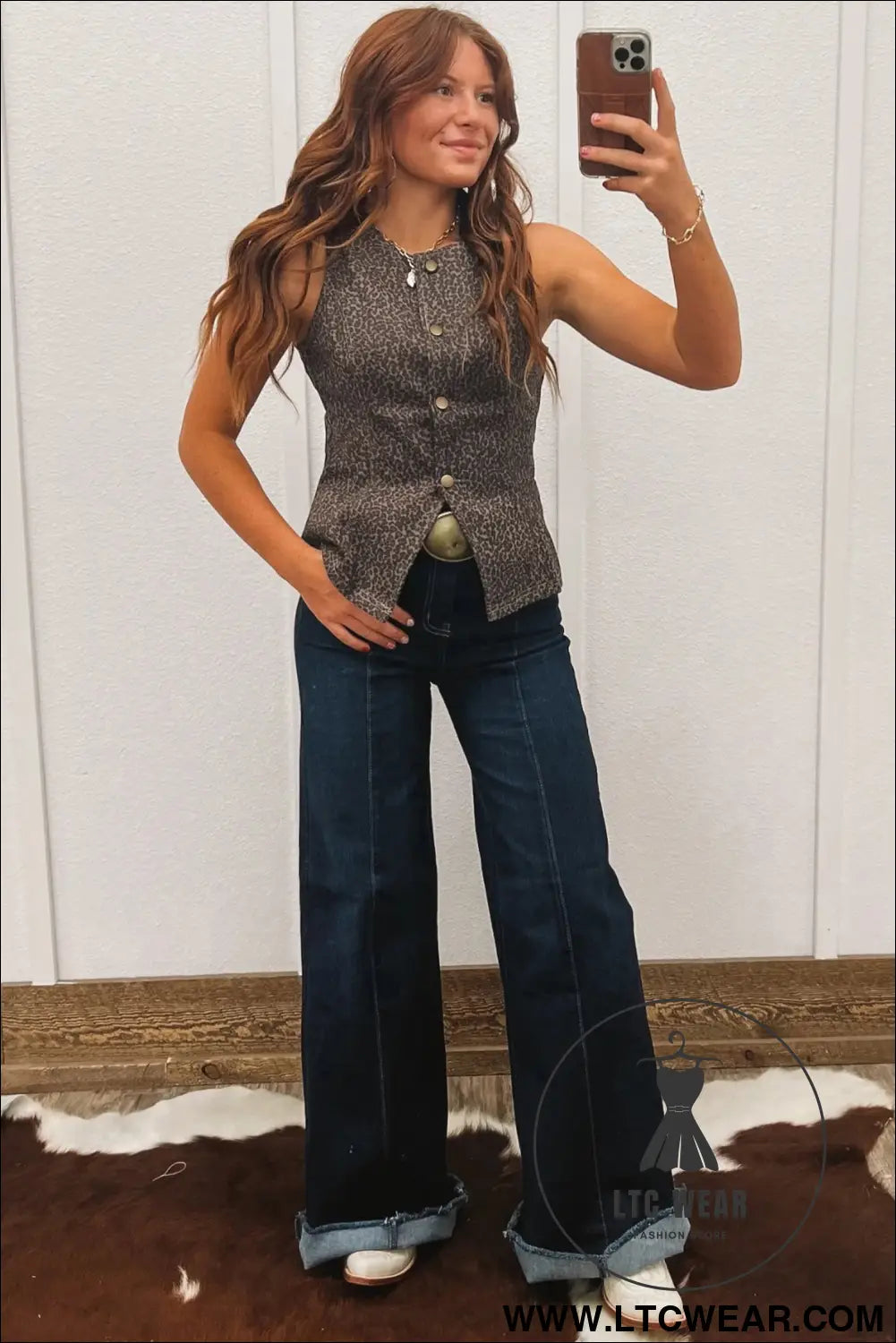 Brown leopard print slim denim vest - vests