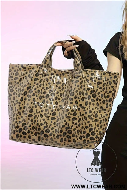 Brown leopard pu leather water proof tote bag - brown / one size / 95% pu + 5% alloy - handbags