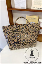 Brown leopard pu leather water proof tote bag - brown / one size / 95% pu + 5% alloy - handbags
