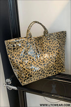 Brown leopard pu leather water proof tote bag - brown / one size / 95% pu + 5% alloy - handbags