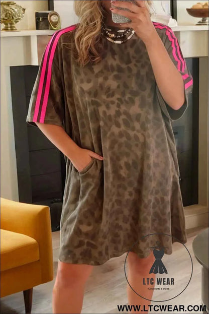Brown Loose Contrast Striped Accent Leopard T Shirt Mini Dress with Pockets