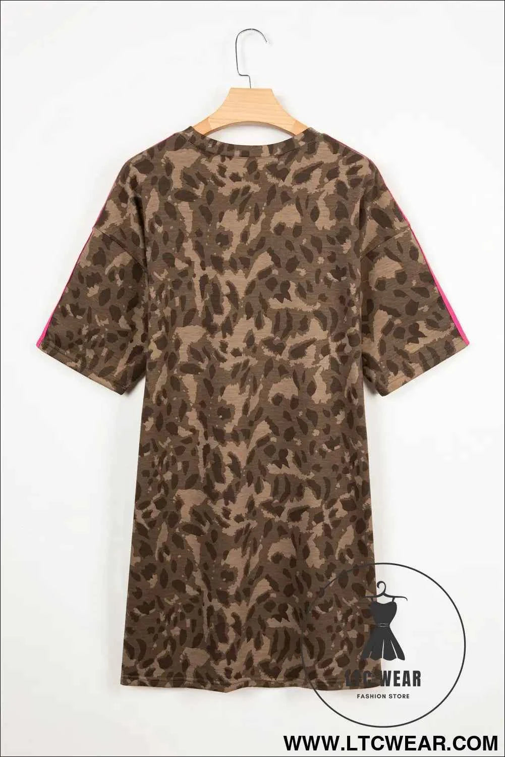 Brown Loose Contrast Striped Accent Leopard T Shirt Mini Dress with Pockets