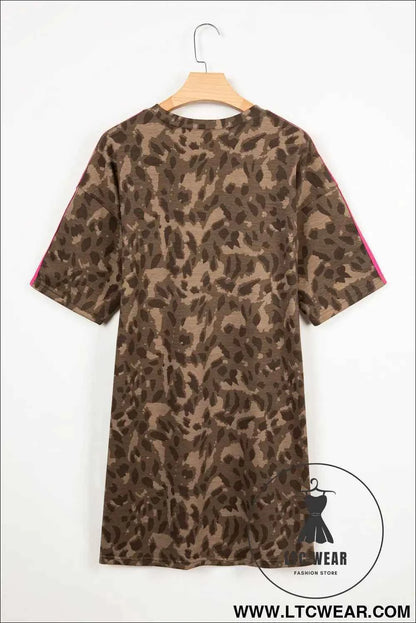 Brown Loose Contrast Striped Accent Leopard T Shirt Mini Dress with Pockets