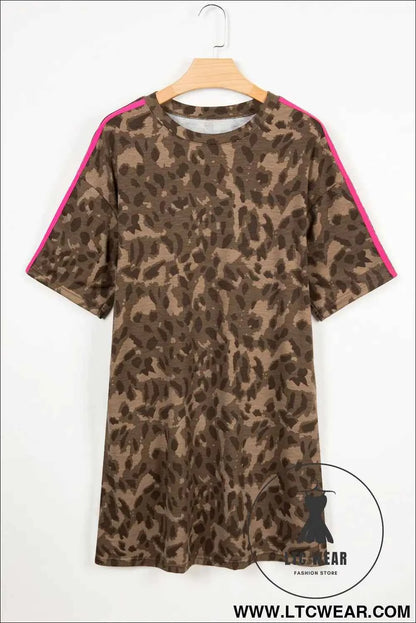Brown Loose Contrast Striped Accent Leopard T Shirt Mini Dress with Pockets