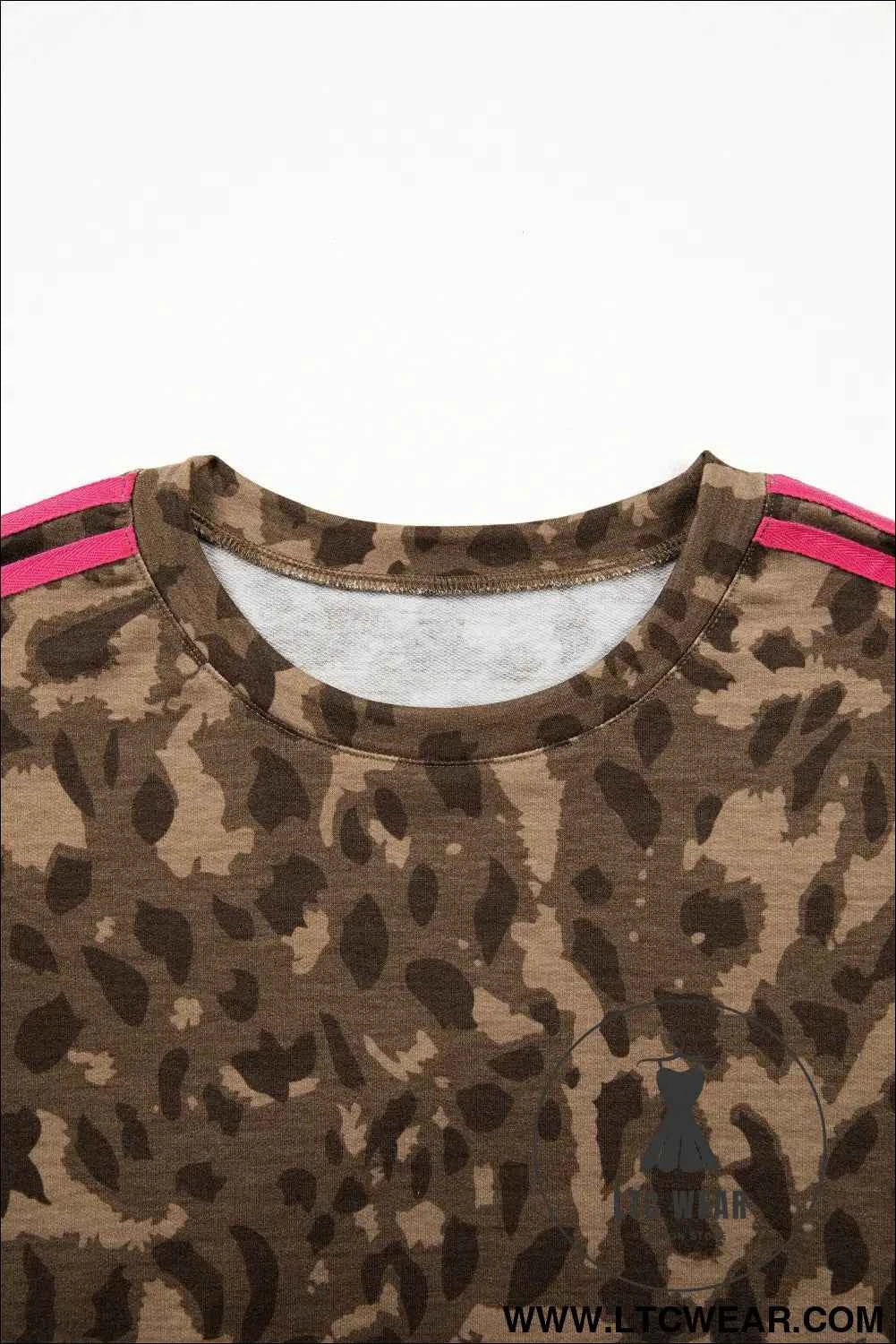 Brown Loose Contrast Striped Accent Leopard T Shirt Mini Dress with Pockets
