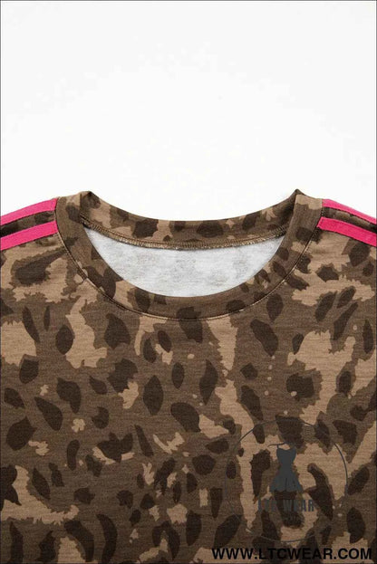 Brown Loose Contrast Striped Accent Leopard T Shirt Mini Dress with Pockets