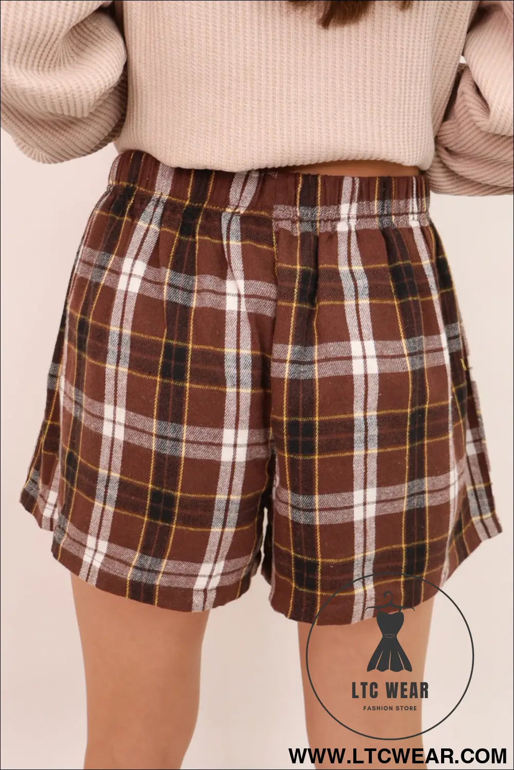 Brown plaid button front elastic waist shorts - casual shorts