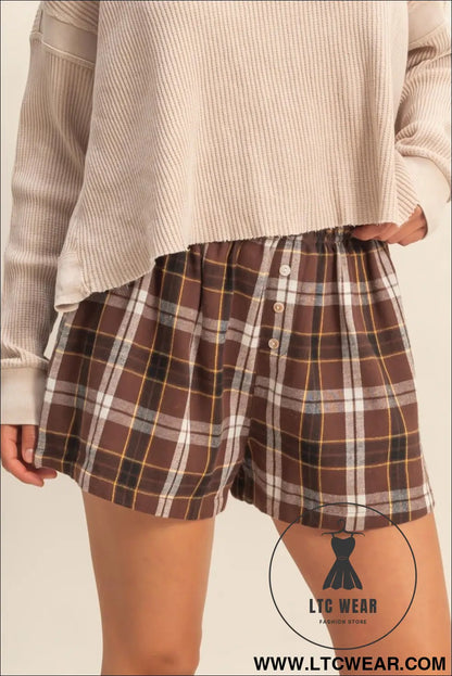 Brown plaid button front elastic waist shorts - casual shorts