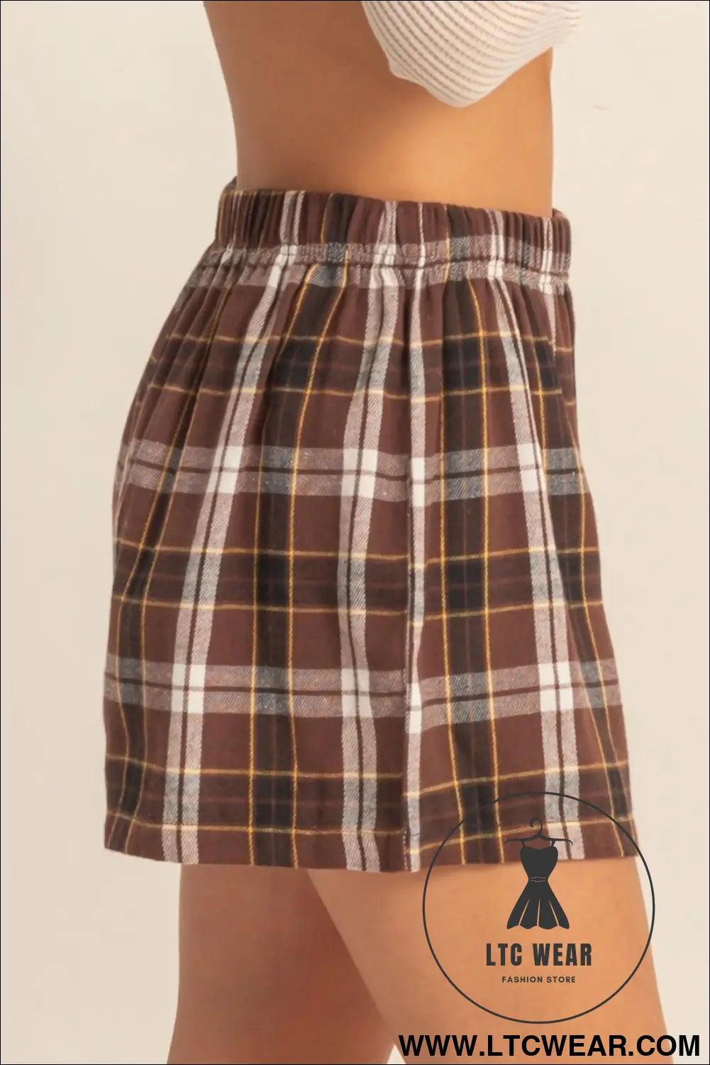 Brown plaid button front elastic waist shorts - casual shorts