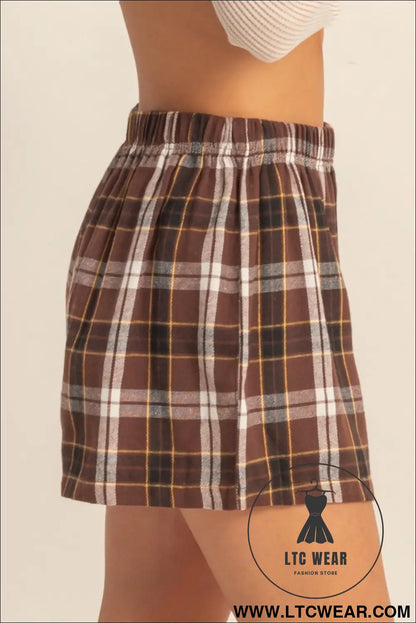 Brown plaid button front elastic waist shorts - casual shorts