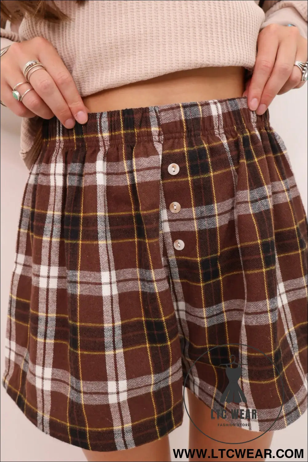 Brown plaid button front elastic waist shorts - casual shorts