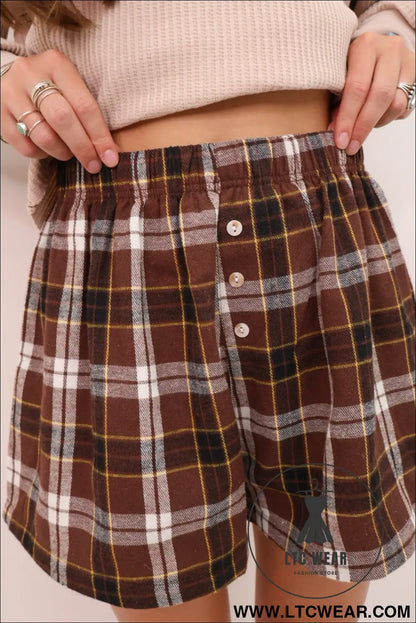 Brown plaid button front elastic waist shorts - casual shorts