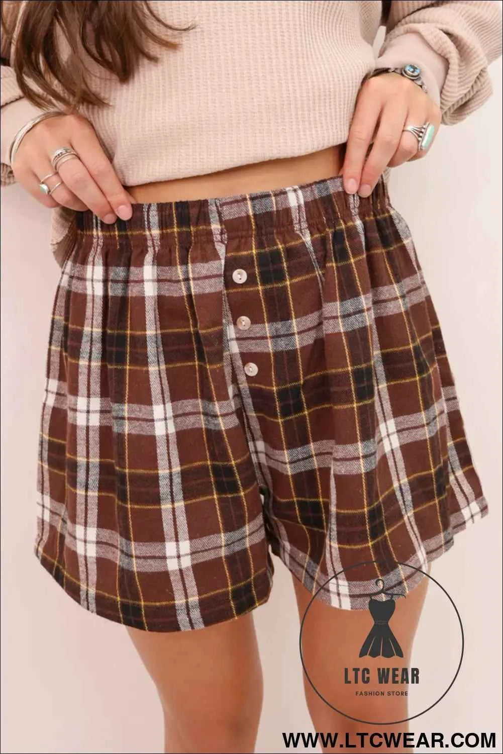Brown Plaid Button Front Elastic Waist Shorts