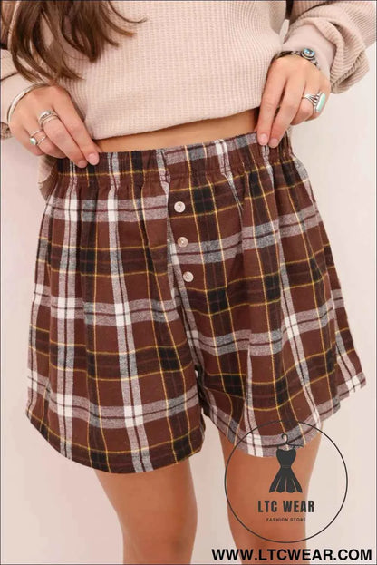 Brown Plaid Button Front Elastic Waist Shorts
