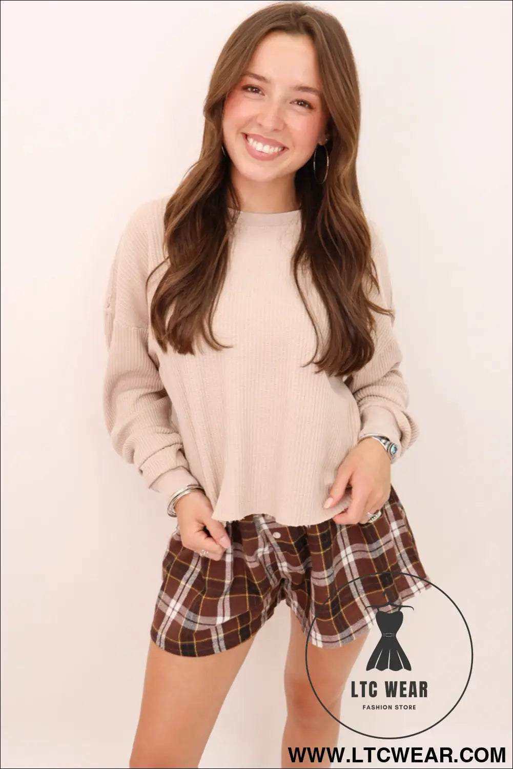 Brown plaid button front elastic waist shorts - casual shorts