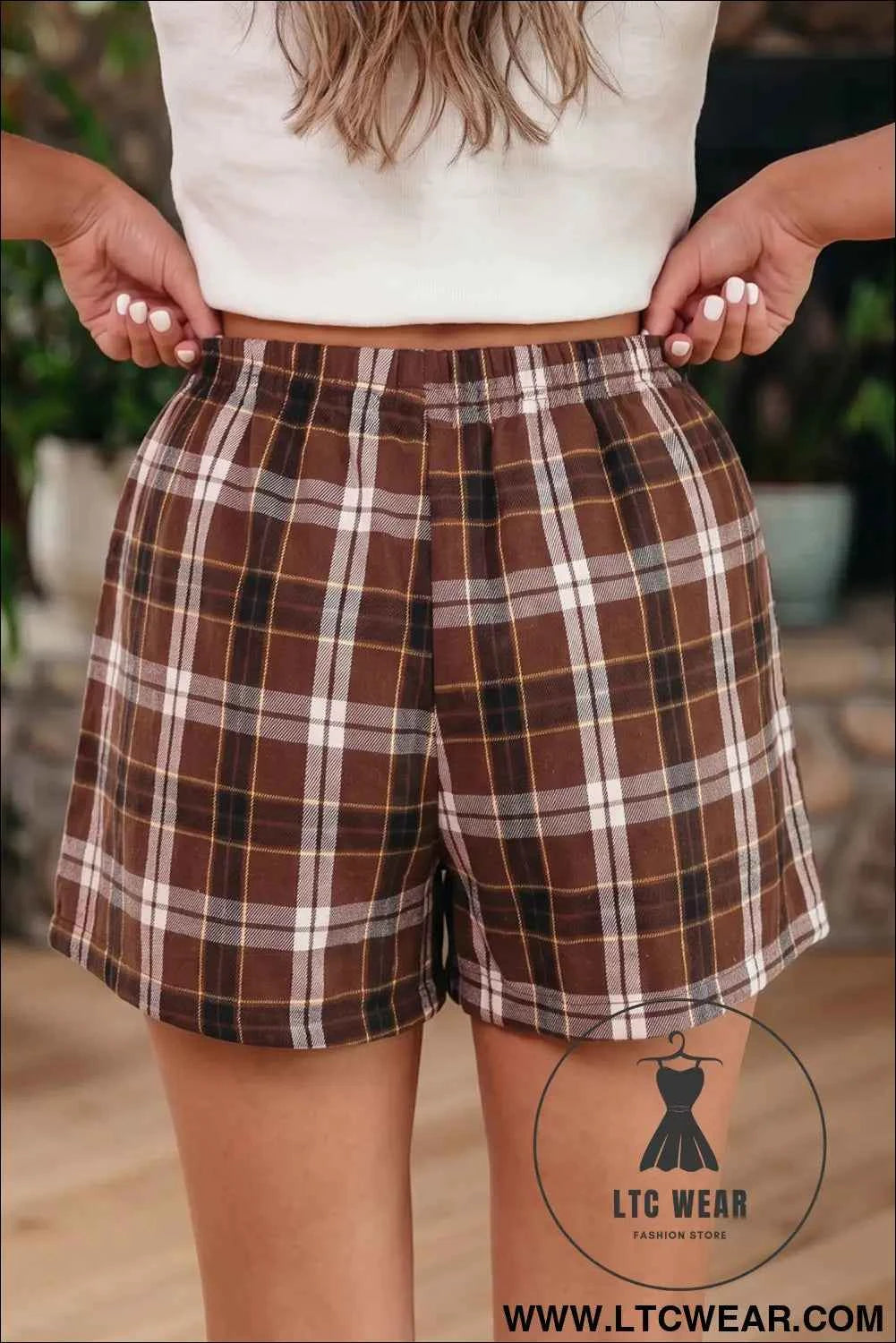 Brown Plaid Button Front Elastic Waist Shorts
