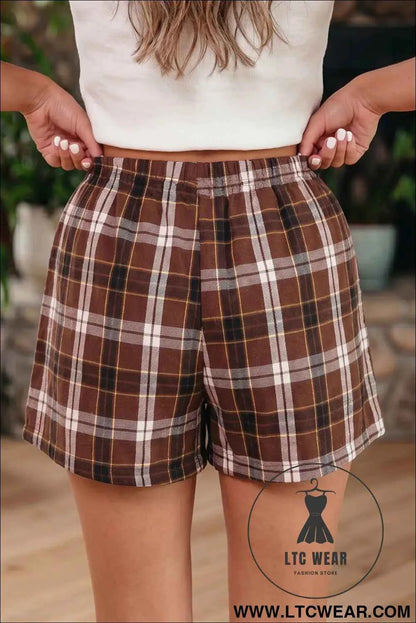 Brown Plaid Button Front Elastic Waist Shorts