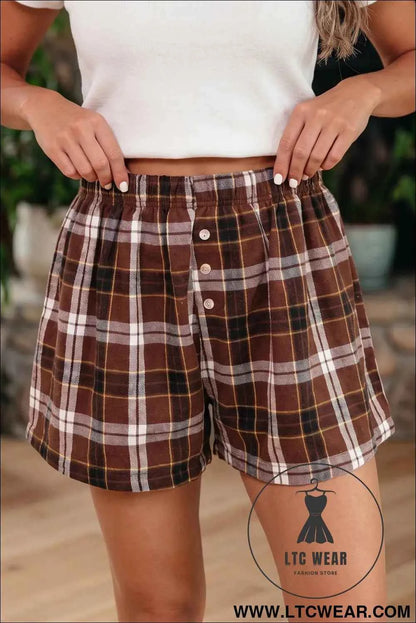 Brown Plaid Button Front Elastic Waist Shorts