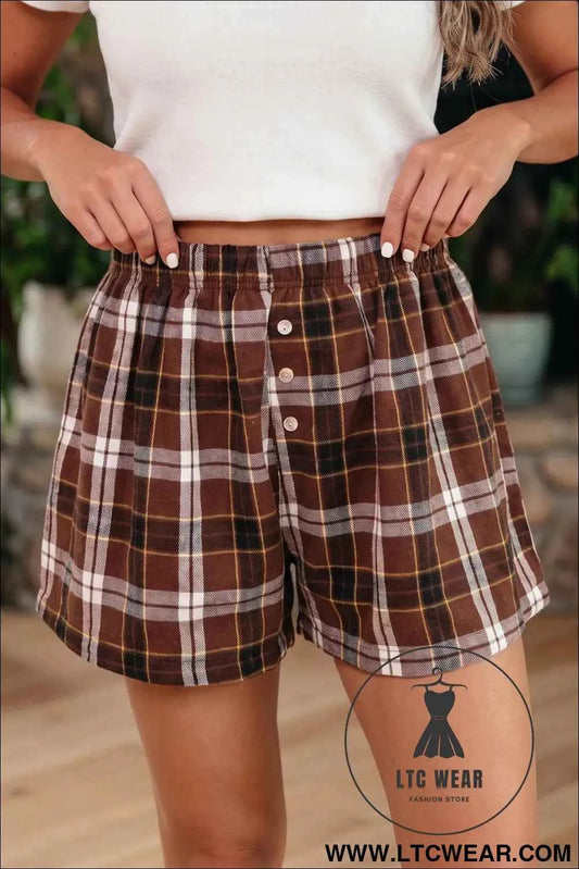 Brown Plaid Button Front Elastic Waist Shorts
