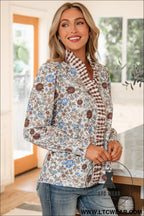 Brown plaid frilled trim v neck floral long sleeve blouse - blouses & shirts