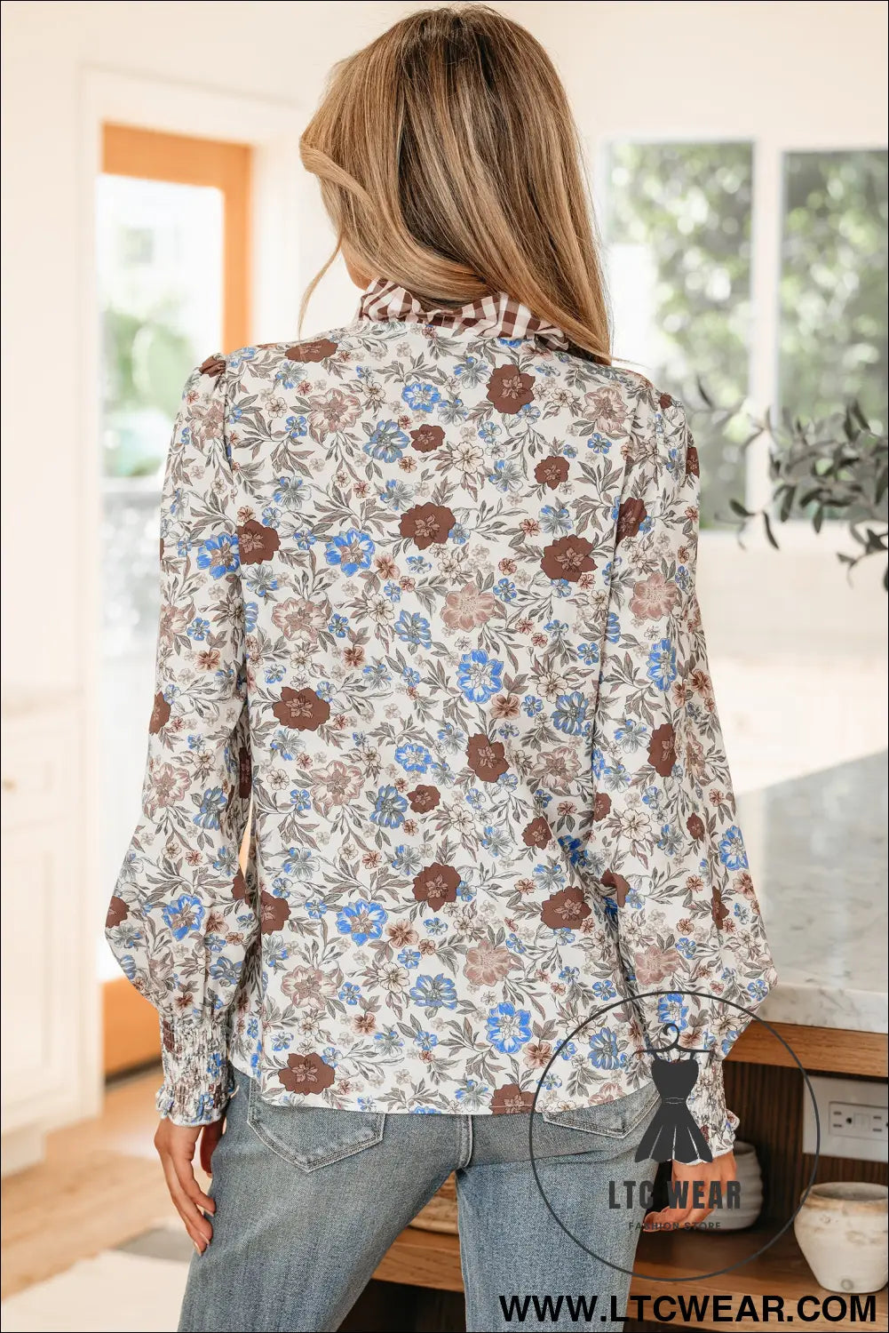 Brown plaid frilled trim v neck floral long sleeve blouse - blouses & shirts