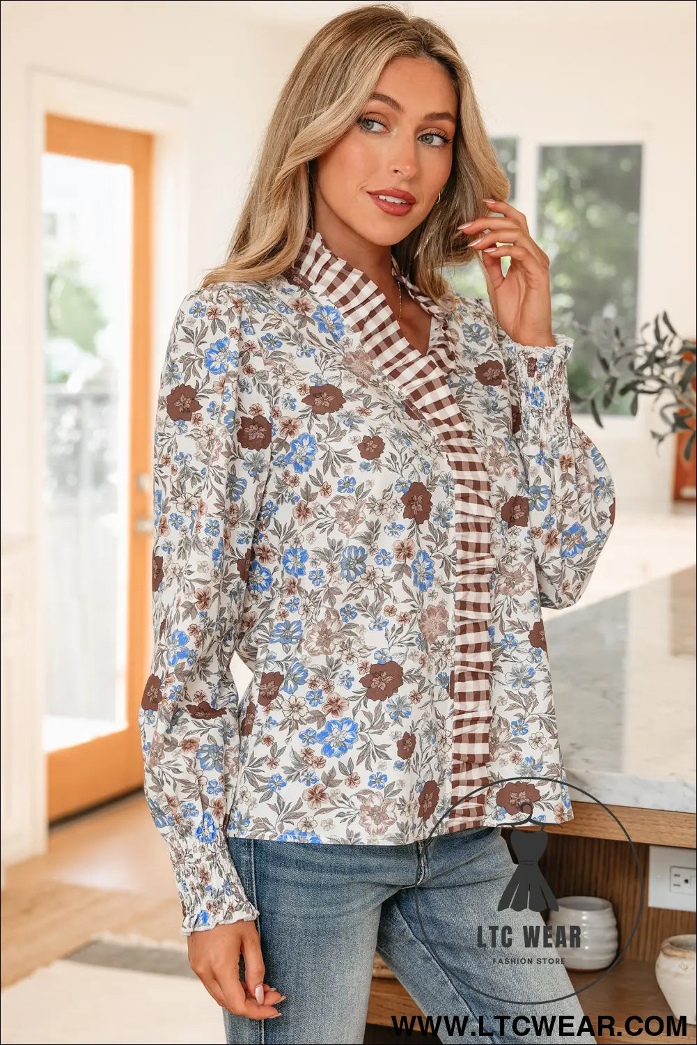 Brown plaid frilled trim v neck floral long sleeve blouse - blouses & shirts