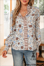 Brown plaid frilled trim v neck floral long sleeve blouse - blouses & shirts