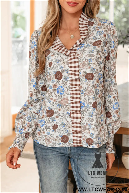 Brown plaid frilled trim v neck floral long sleeve blouse - blouses & shirts