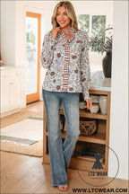 Brown plaid frilled trim v neck floral long sleeve blouse - blouses & shirts