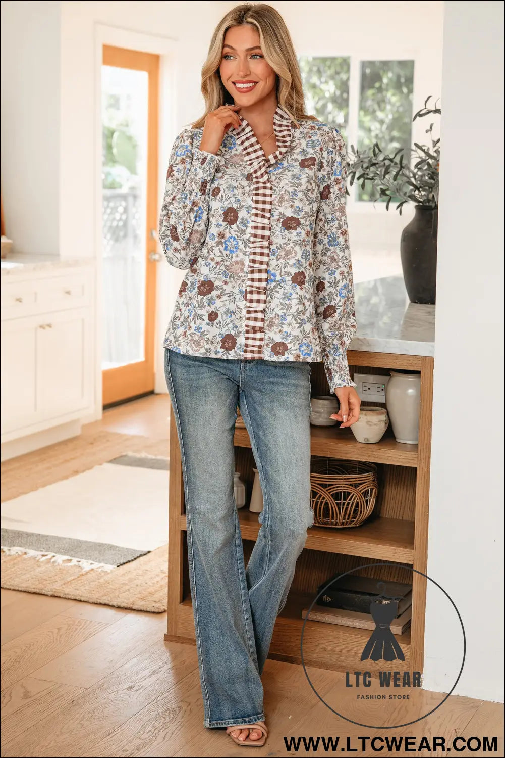 Brown plaid frilled trim v neck floral long sleeve blouse - blouses & shirts