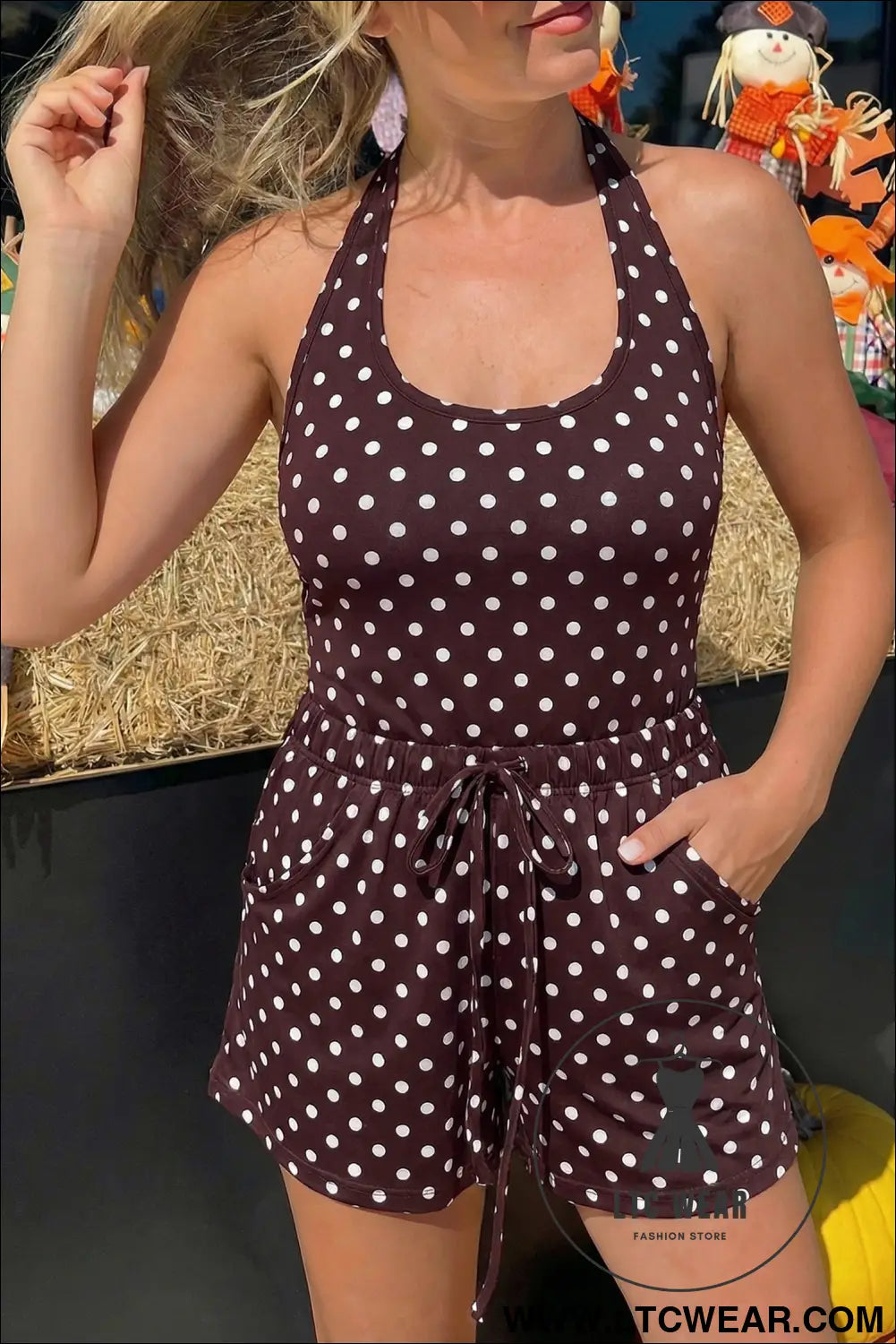 Brown Polka Dot Halter Tank Drawstring Elastic Waist Short Set - L.T.C Wear Online Fashion Store
