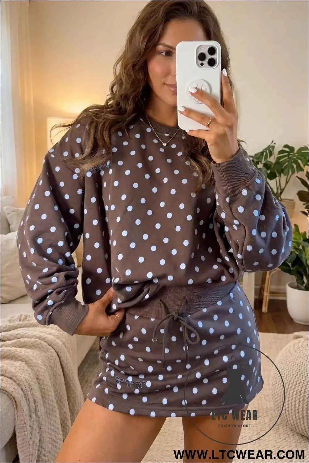 Brown Polka Dot Long Sleeve Pullover Embroidered Bow Detail 2pcs Skort Set