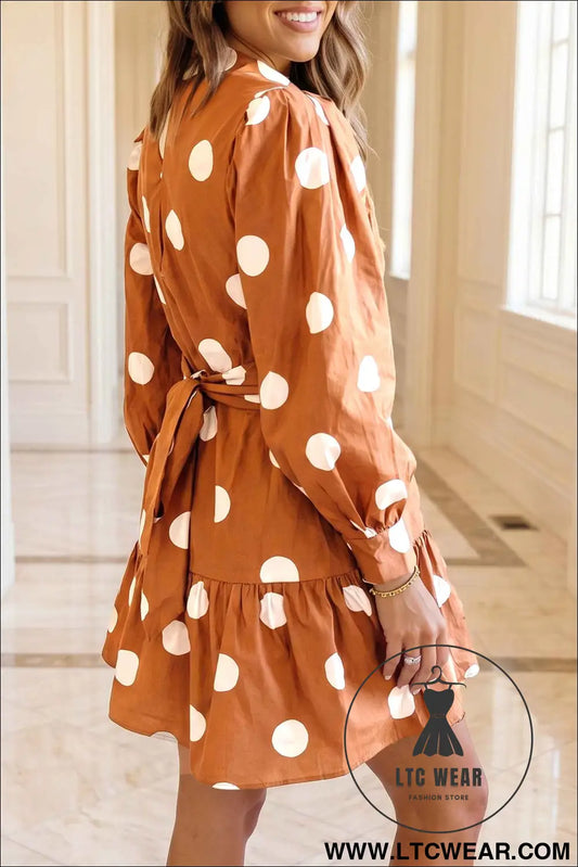 Brown Polka Dot Long Sleeve Tie Waist Casual Shift Mini Dress